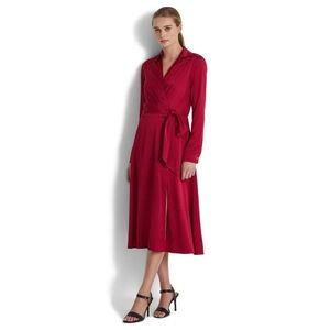 Lauren Ralph Lauren Charmeuse Surplice Satin Dress in Classic Red